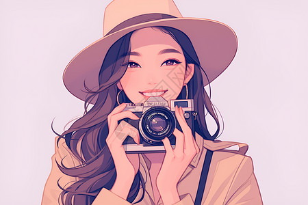 美丽相机一位戴着帽子的女性手持相机插画