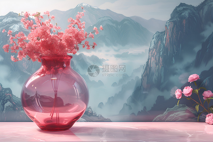 朦胧山景中的花瓶图片