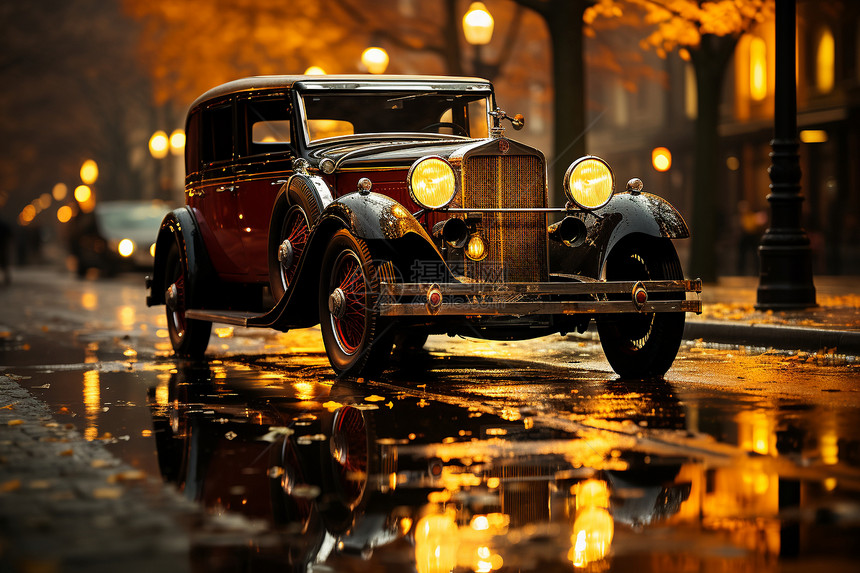 驶过雨水的复古汽车图片