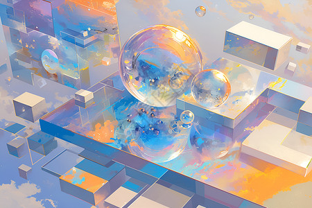透明球体建筑上的玻璃球体插画