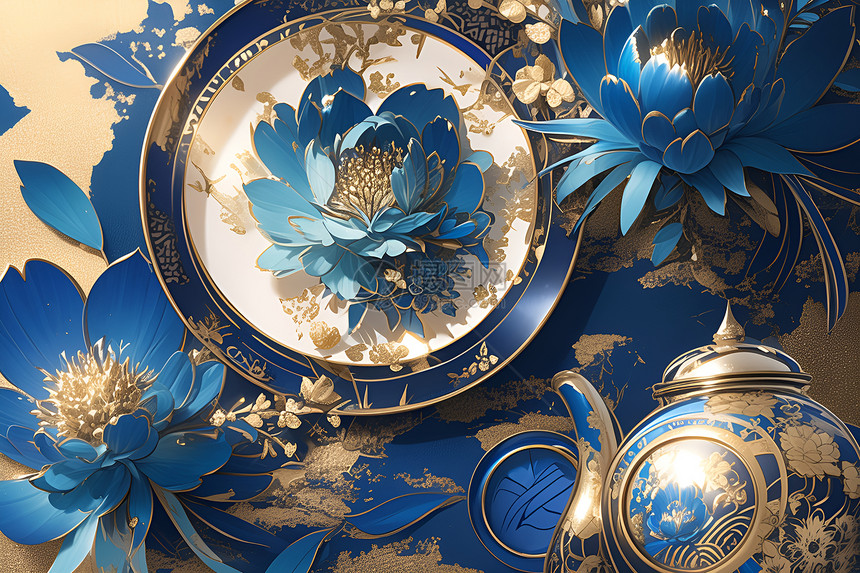 盘子中的蓝色花朵图片
