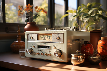 桌面上白色的收音机背景图片