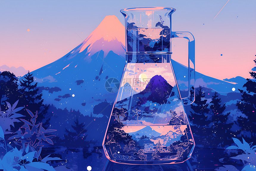 山峰背景下的紫色水瓶图片