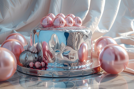 银饰与镜面不锈钢制成的生日蛋糕背景图片
