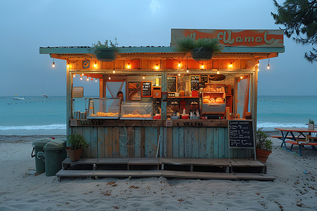沙滩上的炸薯条小店背景图片