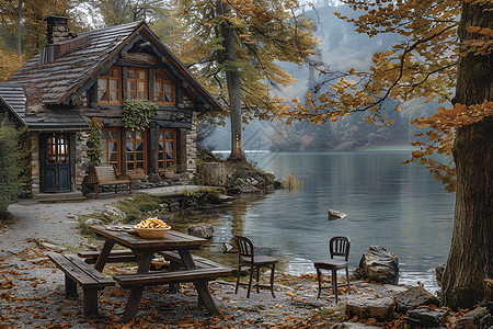 湖畔咖啡馆宁静美食与大自然的相遇高清图片