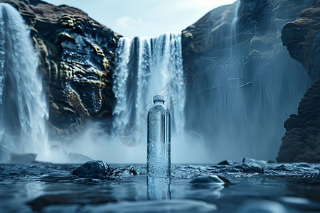 瀑布中的水瓶高清图片