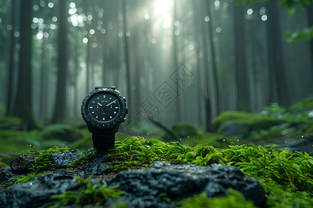 自然覆盖手表在苔藓覆盖的岩石上背景