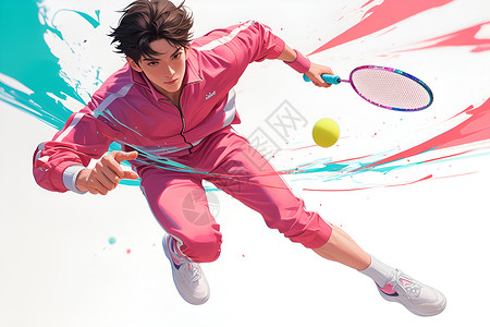 健身衣粉衣男子挥动网球插画