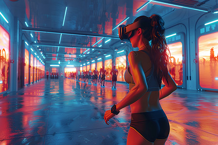 VR体验太空健身房戴着vr眼镜的女性背景