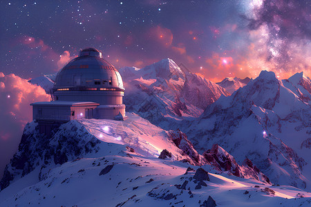 粉紫色太阳帽星空下的天文台望远镜插画
