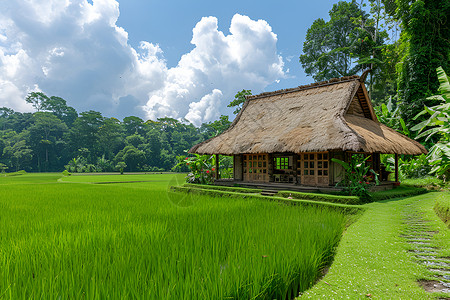 稻田里的茅草屋背景图片