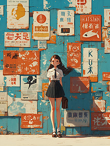 女人站在广告墙前高清图片