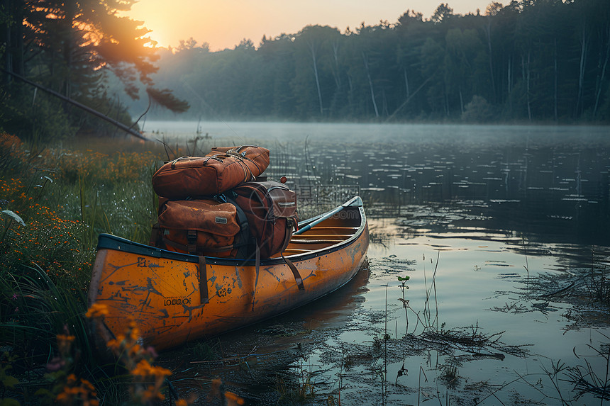 湖畔的独木舟图片