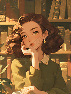 书架前的少女背景图片