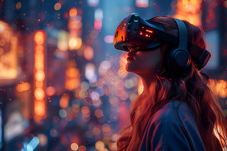 街道上戴着VR眼镜的女孩高清图片