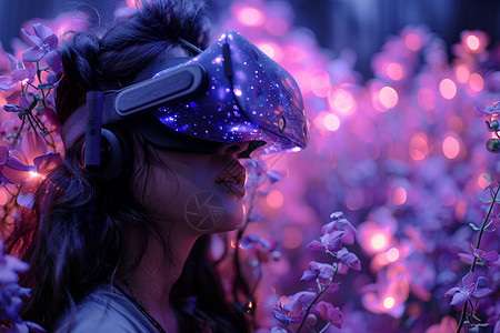 旅行VR女孩沉醉在虚拟花海里的女孩设计图片