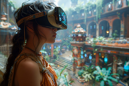 女孩沉浸虚拟现实游戏背景图片