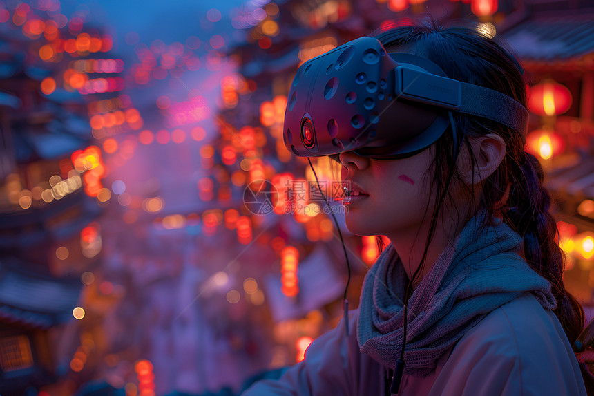 夜幕下戴着VR眼镜的女子图片