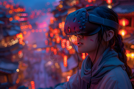 戴着礼帽的女孩夜幕下戴着VR眼镜的女子设计图片