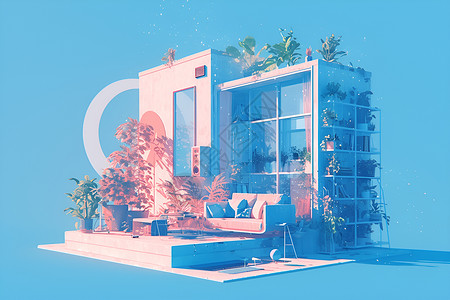 蓝粉建筑模型背景图片