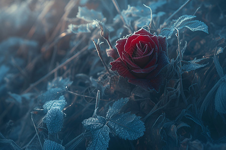 红色花朵花瓣冰霜中的红玫瑰插画
