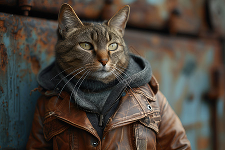 街头穿着皮革的猫咪背景图片