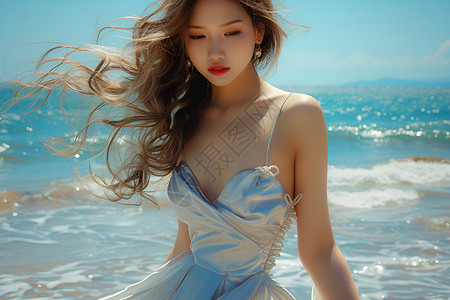 海滩上穿着白色礼服的女孩背景图片