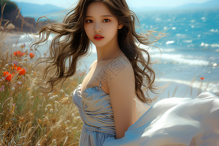 海边漂亮的少女背景图片