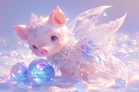 透明小球素材梦幻小猪与透明小球插画