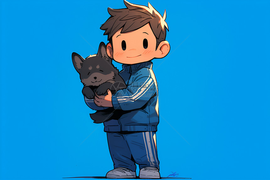 可爱的卡通男孩抱着小狗图片