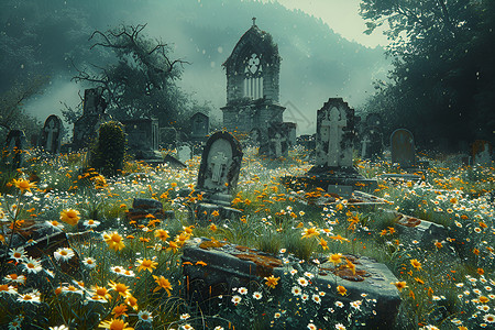 野花盛开的墓地高清图片