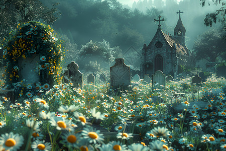 老墓碑寂静墓地中的野花插画