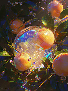 树枝上的桃子水滴滚在水果上插画