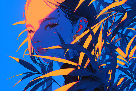 神秘静谧蓝天中的女子与植物背景图片