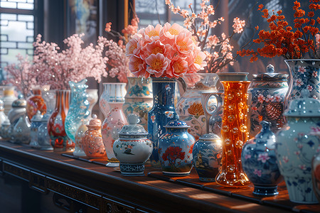 长形鲜花素材长桌上的陶瓷花瓶背景