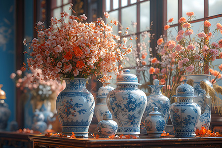青花瓷花瓶里的鲜花背景图片