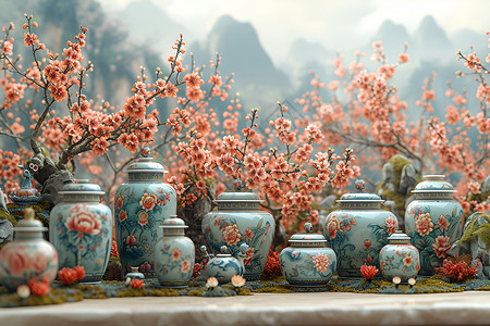 红梅间的花瓶背景图片