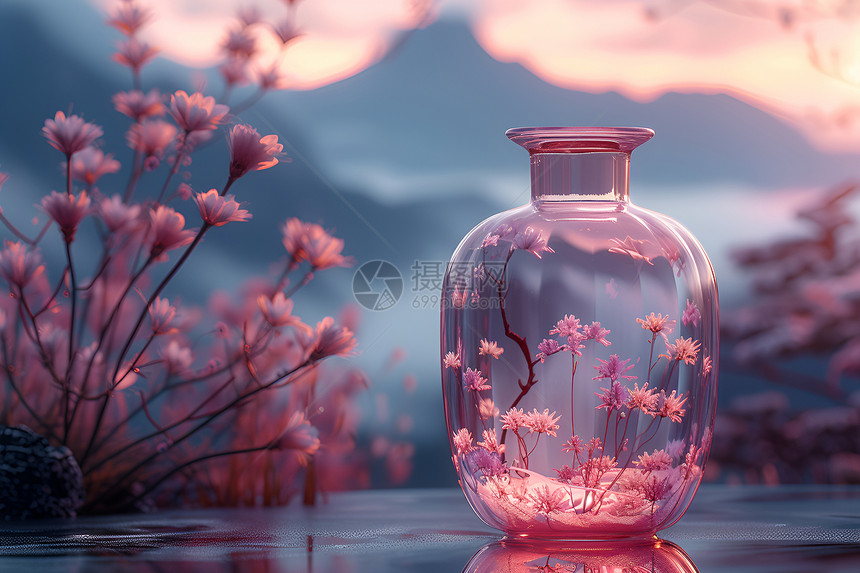 梦幻花朵背景下的玻璃瓶图片