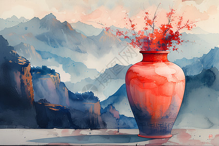 山水画墨印风格淡红与天蓝交织花瓶前的山景壮美插画
