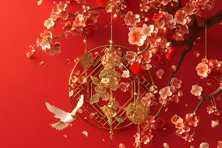 金色装饰标签春节喜庆花卉插画