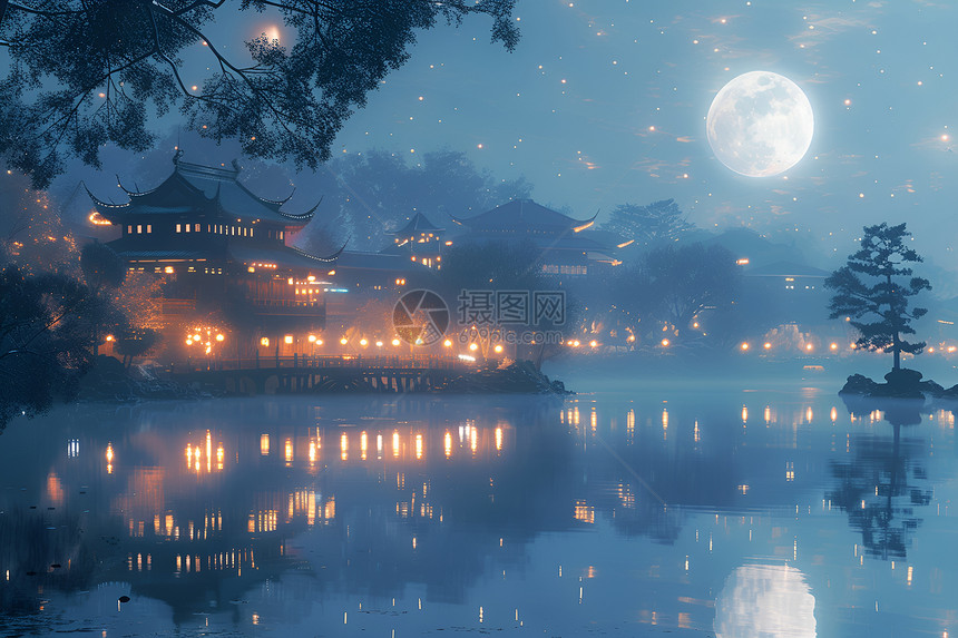 月光之夜湖畔柳岸图片