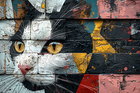 砖墙砖墙砖头猫咪涂鸦墙插画