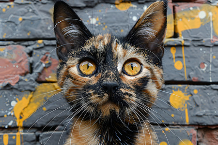 彩绘砖墙上的可爱猫咪背景图片