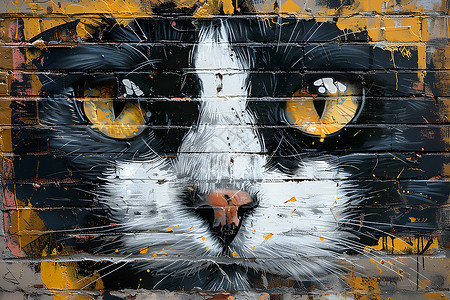 猫咪涂鸦砖墙背景图片