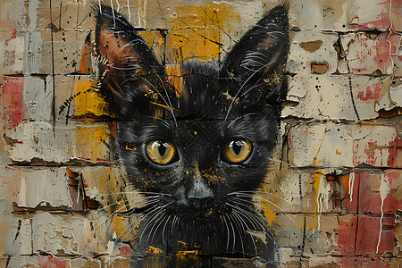 黑色猫咪与涂鸦墙背景图片
