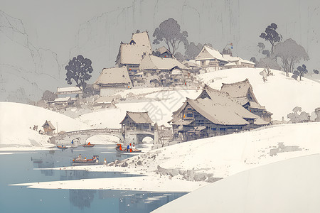 纳西族村建筑雪中山村插画