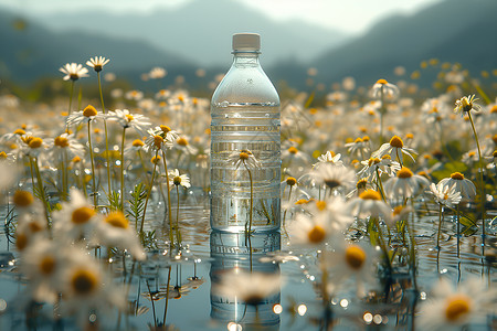 透明水瓶矢量水瓶与漂浮的洋甘菊背景