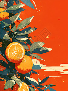 水彩橙子橙子枝头红色背景插画