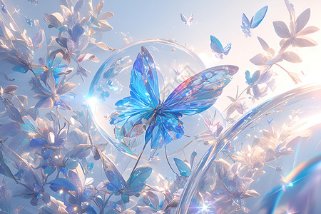 绚丽蓝色光斑蓝色蝴蝶的插画